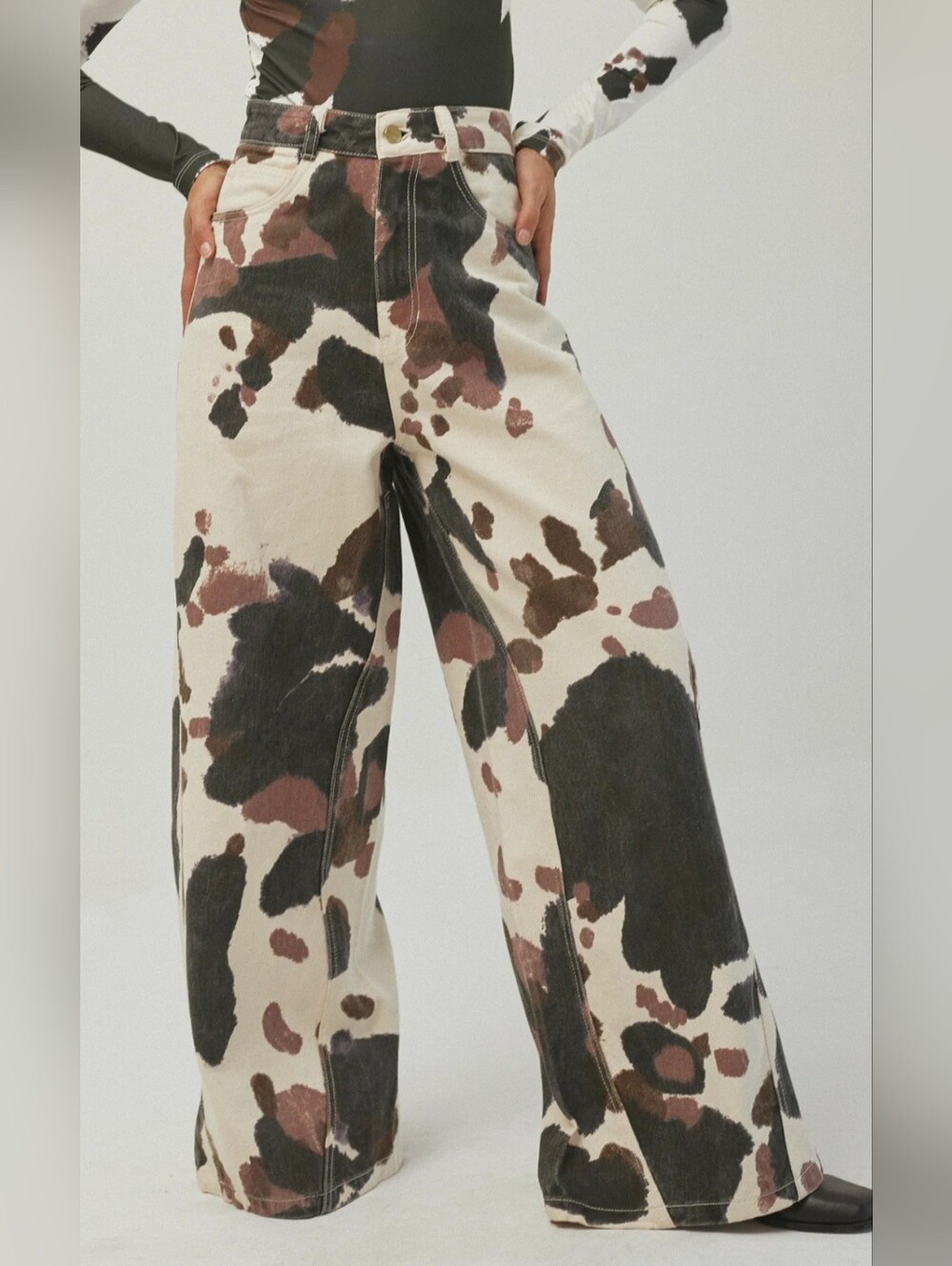 Sixxta Cow Print Barrel Wide Leg Jeans